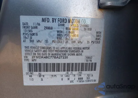 2007 Ford Edge Sel z USA, uszkodzony, nr VIN 2FMDK48C77BA27220